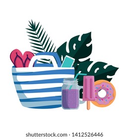 summer leafs plants with beach bag and set icons