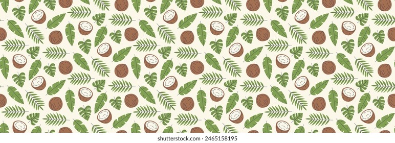 Summer leafs seamless background. Coconut with tropical leaves pattern. Fruits ornament.
