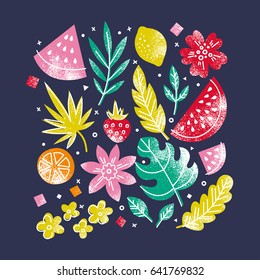 Summer leaves and fruits composition. Vector illustration