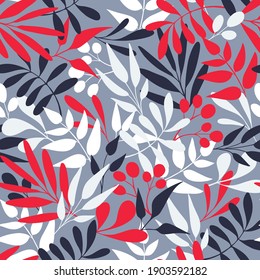 Summer leaves seamless pattern background. Hand draw texture. Vector packaging design template for cosmetics, beauty products, organic and healthy food with leaves and flowers - modern ornaments EPS10
