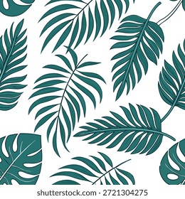 O verão deixa o padrão de azulejos sem costura com frondes de palma e folhagem tropical para um conceito exuberante de sensação ao ar livre como frondes de palma e folhas tropicais organizadas sem costura para criar uma atmosfera exuberante de verão em espaços ao ar livre no Conceito de Stock de Foto e espaço vazio no lado esquerdo, sem texto —ar 7:2 —azulejo