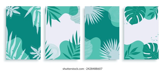 Summer leaves tropical vector poster set. Summer tropical green abstract and watercolor leaves for seasonal editable text template and background layout collection. Vector illustration tropical 