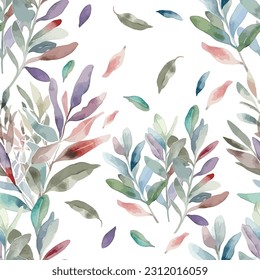 Summer leaves. Leaves watercolor twigs seamless pattern. Vector background