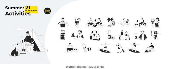 Actividades de ocio de verano: caricatura en blanco y negro, paquete de ilustración plana. En verano, las personas de vacaciones se asientan como personajes de lino 2D aislados. Colección de imágenes de esquema vectorial monocromo de escapada de fin de semana