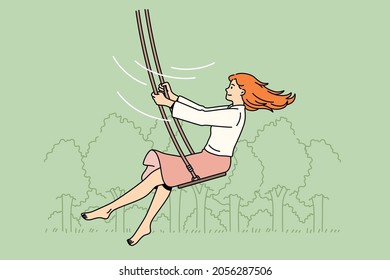 Summer leisure and activities concept. Young smiling woman cartoon character enjoying ride on swings outdoors enjoying ride vector illustration 