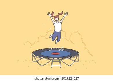 Summer leisure activities, sport concept. Cute little girl playing on trampoline, laughing jumping kid gymnast training and having fun vector illustration 