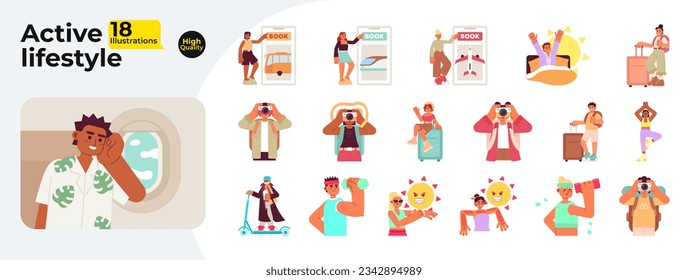 Summer leisure activity flat concept vector spot illustrations bundle. Active lifestyle 2D cartoon characters on white for web UI design. Recreation isolated editable creative hero images collection