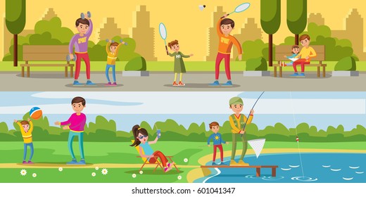 Summer leisure activity horizontal banners with father playing reading and fishing with children vector illustration