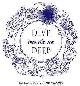 A Summer leisure greeting card template? - decorative collage frame made up of the blue outlines of various coral reef creatures isolated on white background. EPS10 vector illustration.