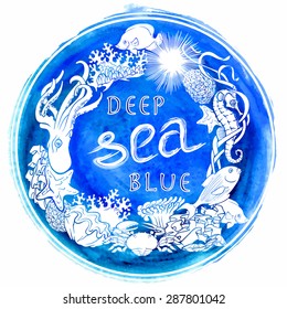 A Summer leisure greeting card template - decorative frame made up of the white silhouettes of various coral reef creatures isolated on top of the traced watercolor spot. EPS10 vector illustration.