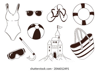 Colección de artículos de ocio de verano. Accesorios para actividades de vacaciones en el mar de Hand Drawn. Gafas de buceo, bañador, anillo de natación, bola de playa, chanclas, bolsa de playa, castillo de arena y gafas de sol. Vector Premium