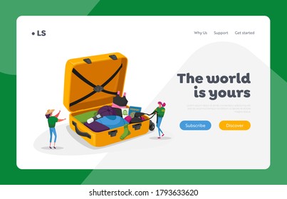 Summer Leisure, Journey Experience Landing Page Template. Tiny Female Characters Take Out Traveling Clothes or Accessories from Huge Suitcase after Vacation Trip. Cartoon People Vector Illustration