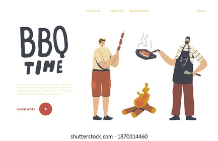 Sommer-Freizeit-Landing-Page Vorlage. Happy Männchen Charaktere verbringen Zeit auf Outdoor BBQ. Familie oder Freunde Kochen, essen Wurst und Fleisch am Grill an der Vorderseite. Vektorgrafik von Linear People