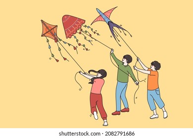 Summer leisure outdoor activities concept. Group of children kids friends standing kiting having fun together in summer vector illustration 