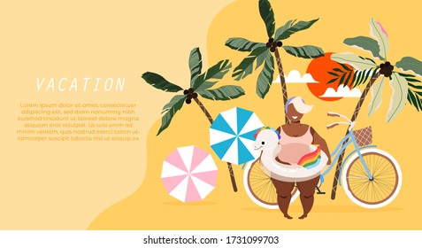 Summer leisure and travel web banner design. Modern vector illustration of a woman, bicycle, palms and sunset. Tropical web page header design template with a free place for text. Summertime concept.