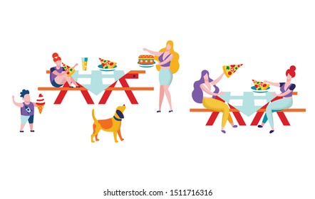 Summer Leisure, Vacation, Street Food, People Eating Out in Public Place Sitting at Tables, Buying Fast Food, Happy Family and Friends Spend Time Outdoors, Weekend Cartoon Flat Vector Illustration