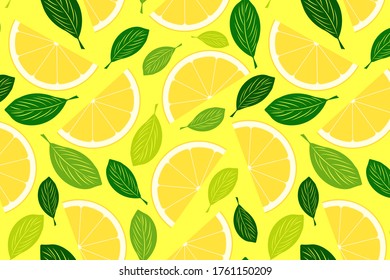 Summer lemon and basil vector seamless pattern. Fresh yellow fruit illustration for print design, wallpaper, wrapping paper, fabric, textile, background, calendar