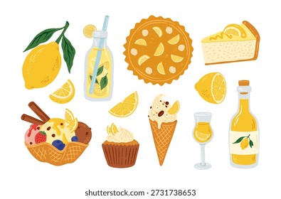 Verão sobremesas de limão e bebidas desenhado à mão ícone de vetor conjunto. Desenho animado cheesecake, sorvete, gelato, bolo, torta, garrafa de limonada e limoncello licor desenhado à mão ilustração.
