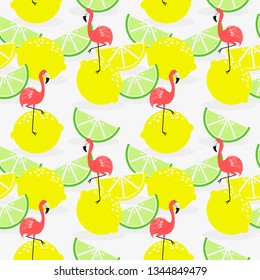 Summer lemon and flamingo seamless pattern. Fashion design for textile, wallpaper and fabric.