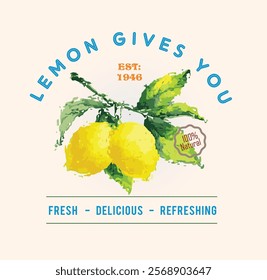 Summer lemon food poster design. Lemon fruit artwork. Fresh lemon fruit print illustration. Nature fruit club print design. Organic food artwork for girl t-shirt. Fruit vintage t-shirt design.