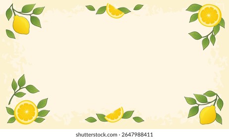 Summer Lemon Frame Background with Leaves and Citrus Fruits. Flat design background with lemons and green leaves forming a fresh summer frame. Great for seasonal greeting cards or banners.