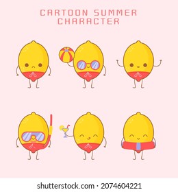 summer lemon fruit cute cartoon character set