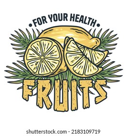 Summer lemon fruit print. Tropical exotic fruits with palms