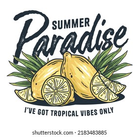 Summer lemon fruit print. Tropical exotic fruits with palms