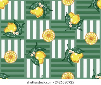  Summer Lemon  Summer fruits  and leaves  seamless pattern vector ,on striped background green and white colour Design for fashion , fabric, textile, wallpaper, wrapping and all prints