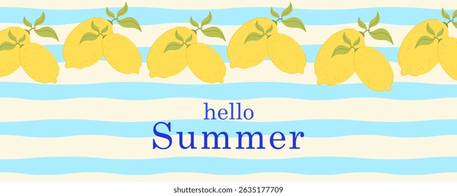 Summer lemon horizontal banner on striped background. Modern flat style template for horizontal poster, header, cover, social media.