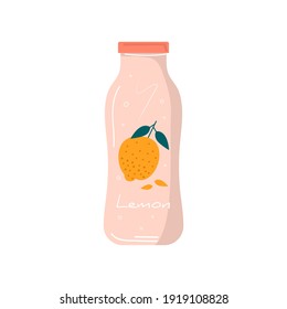 Summer lemon juice in bottle icon with fruits and berries. Vegan lemonade and healthy detox cocktails. Veggie mixes, soft drinks and refreshing vitamin ice shakes for juice bar. Vector trendy