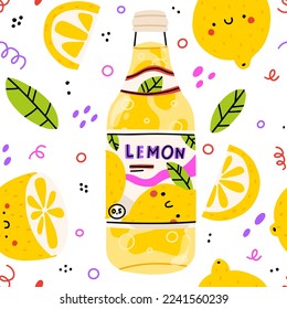 Patrón sin fisuras de limonada de verano. Bebidas suaves en vidrio con refrescos y limonada. Limón doodle y elementos abstractos. Ilustración de Kawaii. Estilo infantil para telas de impresión, papel pintado, menú