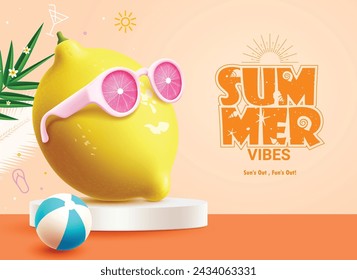 Diseño vectorial de podio de limón de verano. Texto de vibraciones de verano con fruta de limón que lleva elementos de gafas de sol en el escenario del podio para publicidad de promoción tropical. Ilustración vectorial concepto de saludo de verano.
