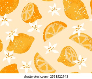 Summer lemon seamless pattern. Citrus fruit and flower background. Modern texture for cover, fabric, paper. 