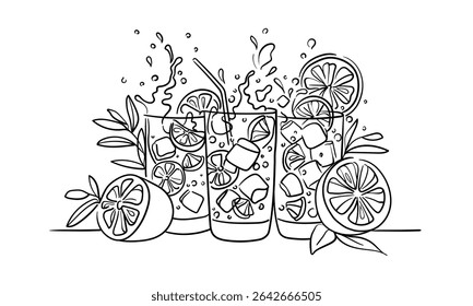 Limonada de verão em 3 óculos desenho linha continious. Copos de coquetel com bebidas. Torradas brinde decoração festiva para férias. Ilustração vetorial