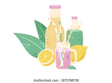 Summer lemonade cartoon illustration. Refreshing beverage hand drawn doodle banner design. Cocktail witch lemons, citruses, ice tea printing card