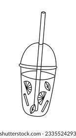 Summer lemonade doodle. Lemonade with lemon slices and mint in glass with a straw. Summer drink. Hand drawn illustration isolated on white background.