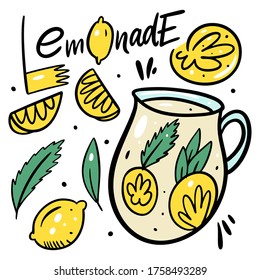 Summer Lemonade drink. Hand drawn lemon, mint, jar and lettering. Doodle style vector art illustration.