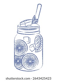 Summer lemonade in glass jar. Sweet fresh drink with citrus slices, tube and ice cubes. Vector pen drawn vintage element