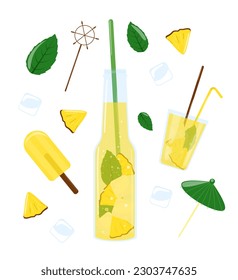 Summer lemonade with ice. Glass bottle with pineapple juice, ice cream, cocktail, mint, ice, straws. Soft drink. Set of cute vector stickers for diary, scrapbooking, notes, design. 