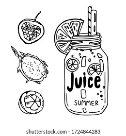 Summer lemonade juice in glass jar with sliced orange. Tropical fruits smoothie vector illustration. Hand-drawn doodle in sketch style.