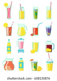 Summer lemonade, yellow, pink and violet  drinks with lemon, lime, straws isolated on a white background, vector illustration