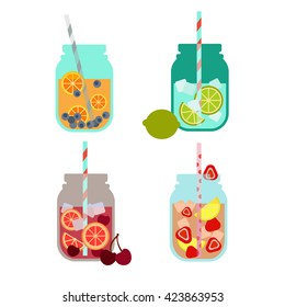 Summer lemonades with fruits: lemon, orange, strawberries, blueberries, lime, cherry