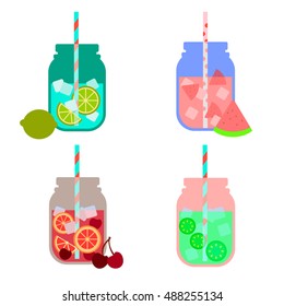 Summer lemonades with fruits: lemon, orange, watermelon, kiwi, lime, cherry