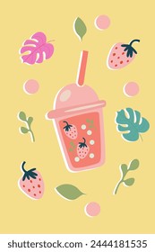 Summer lemonades with fruits, orange, watermelon, strawberry, blueberry. Trend summer drinks illustration in flat style