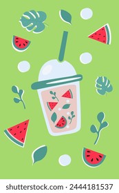Summer lemonades with fruits, orange, watermelon, strawberry, blueberry. Trend summer drinks illustration in flat style