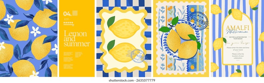 Summer. Lemons. Amalfi. Vector illustration of summer lemon, blue pattern, postage stamp and Italian Mediterranean striped invitation for poster, background, print or card