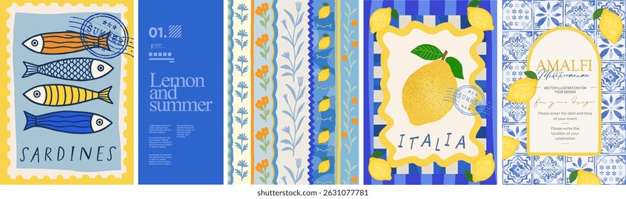 Summer. Lemons. Amalfi. Vector illustration of sardine fish, Mediterranean seamless pattern, Italian blue ceramics and tiles, lemons for invitation, poster, background, postage stamp or card