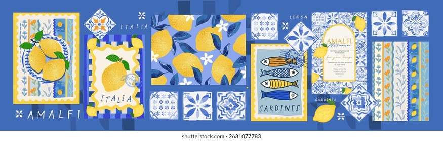 Summer. Lemons. Amalfi. Vector illustration of sardine fish, Mediterranean seamless pattern, Italian blue ceramics and tiles, lemons for invitation, poster, background, postage stamp or card