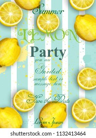 Summer lemons party invitation Vector. Juicy watercolor fruits card